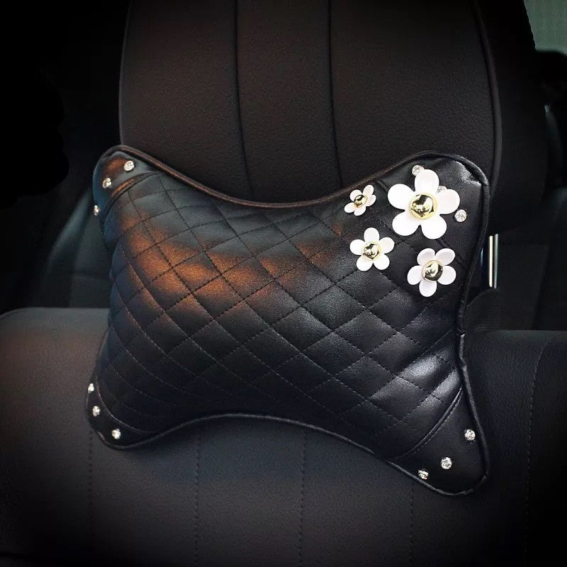 Vegan Leather Bone Shaped Car Cushion Headrest Pillow With Daisy Carsoda 