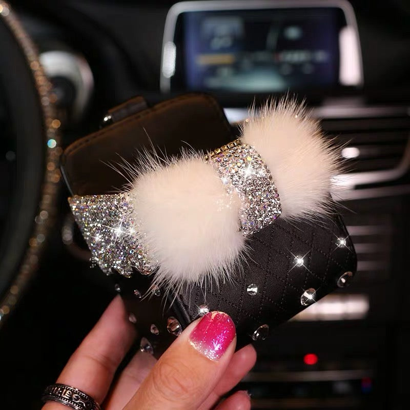 Bling Car Air Vent Sunglasses cell phone holder with Fur Bow and Rhinestones