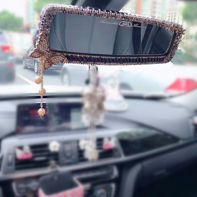 Bling Clip-on Chrome Car Rear View Mirror Cover - AB crystal butterfly Decorated