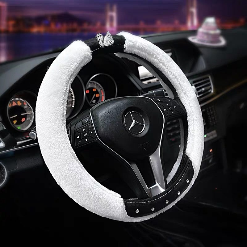 Black Leather and Sherpa Fur Wool Steering wheel cover with Bling Swan -  Great for winter