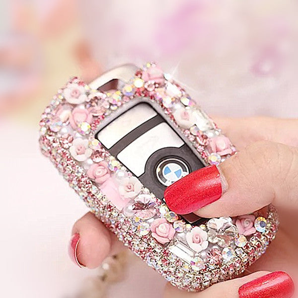 Pink Bling Car Key Holder with Rhinestones and flowers for BMW - Carsoda - 3