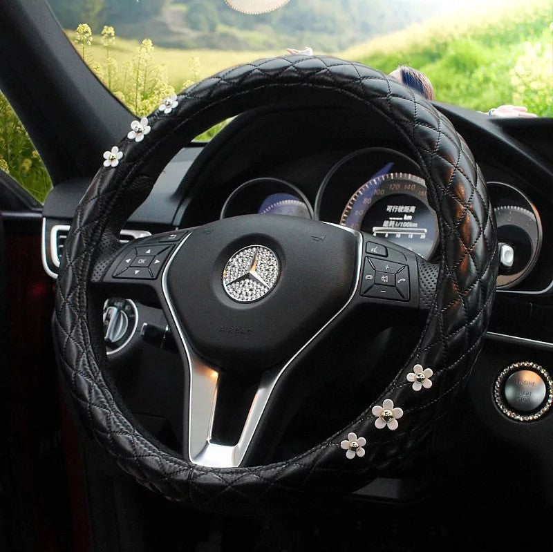 Black Leather Steering wheel cover with Daisy