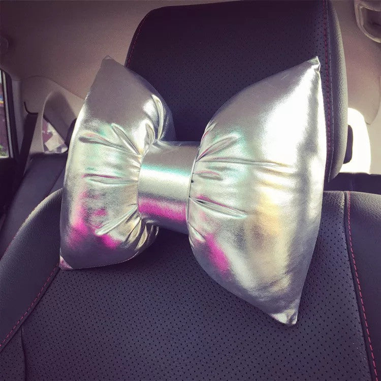 Cyber Chrome Silver Bow Car Seat Headrest and Waist Pillow - Carsoda - 2