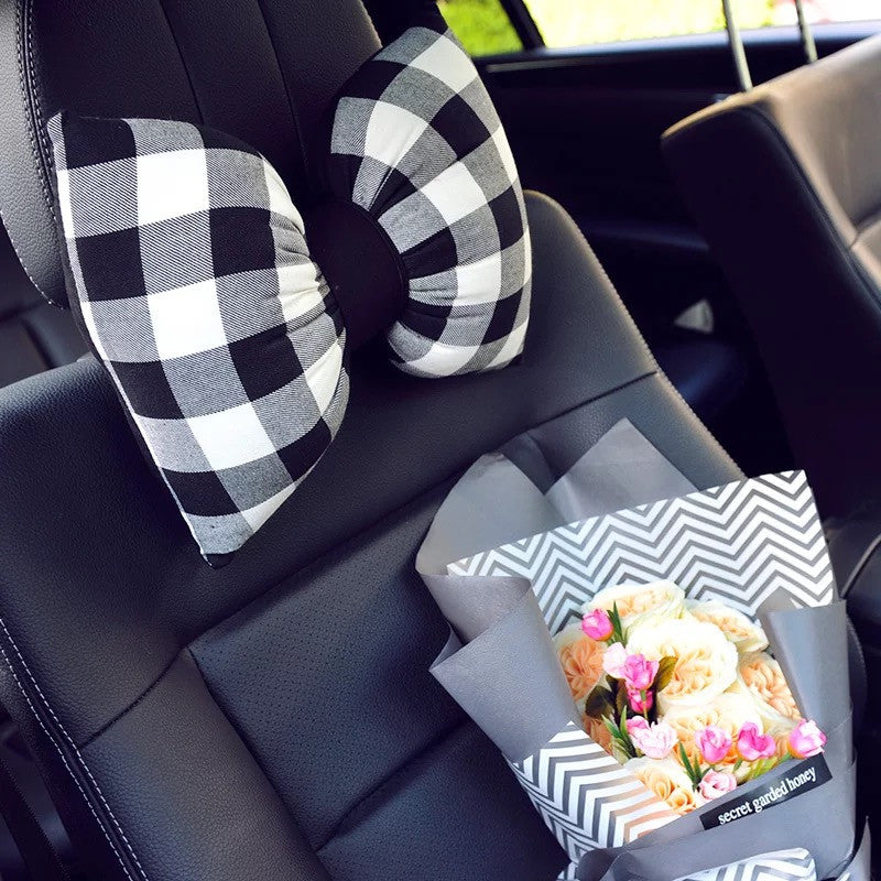 Bow Shaped Car Seat Headrest Pillow - Black and White Check Plaid Pattern