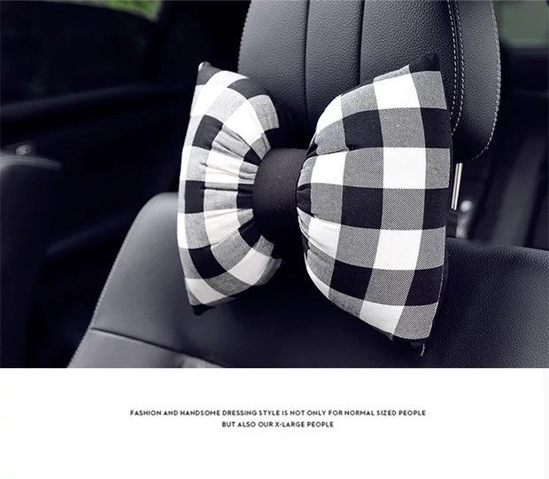 Bow Shaped Car Seat Headrest Pillow - Black and White Check Plaid Pattern