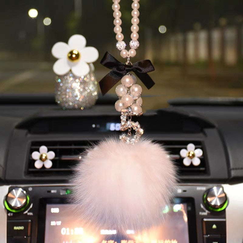 Bling Car Rear View Mirror Hanging Five Number Badge and Pom pom