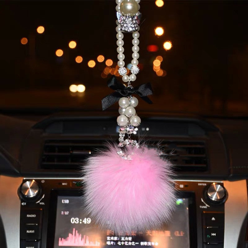 Bling Car Rear View Mirror Hanging Five Number Badge and Pom pom