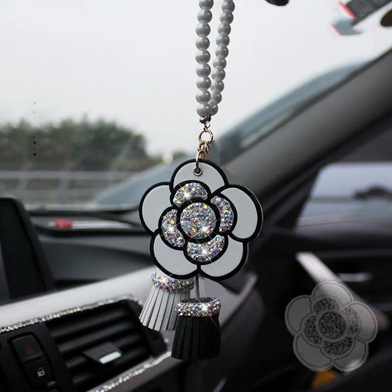 Bling Car Mirror Charm Ornaments-Hanging Camellia Rearview Mirror Pendant