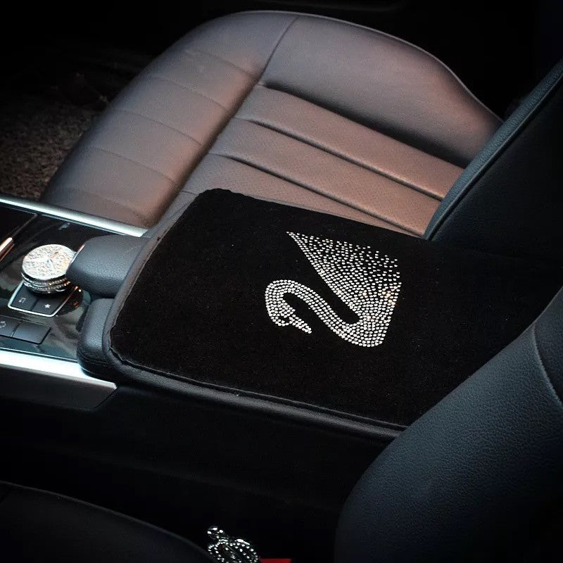 Black Velvet Swan Car Center Console Cover with Bling Rhinestones