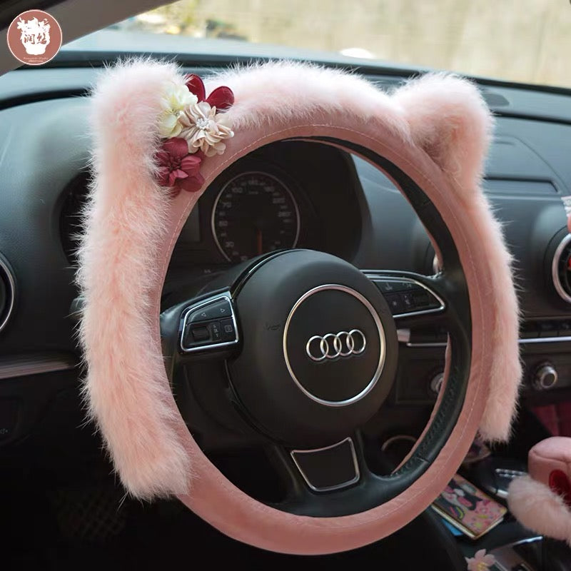 Cat Ears Fluffy Pink Steering wheel cover with a flower