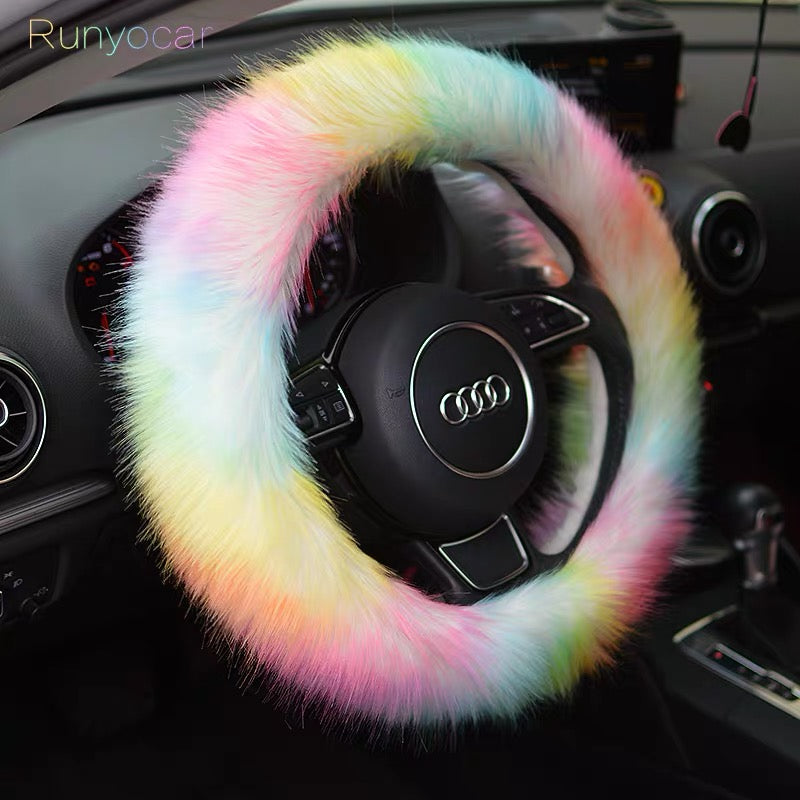 Cozy Fluffy Rainbow Car Accessories- Steering wheel cover and/or seat cover- Warming and cozy for Winter