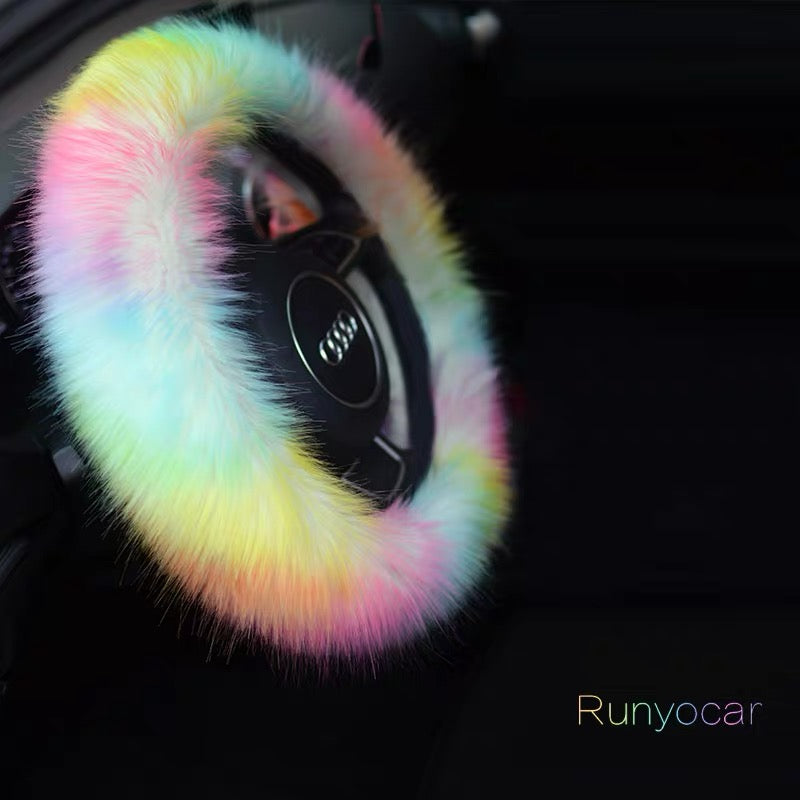 Cozy Fluffy Rainbow Car Accessories- Steering wheel cover and/or seat cover- Warming and cozy for Winter