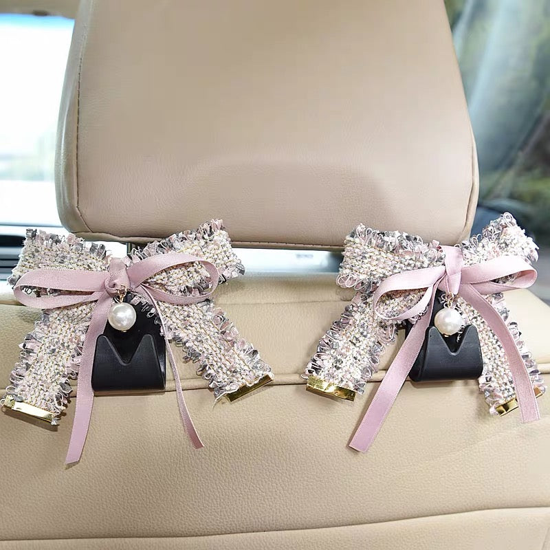 Tweed Bow and pearl Elegant Car Seat Hooks Hanger (2pcs)