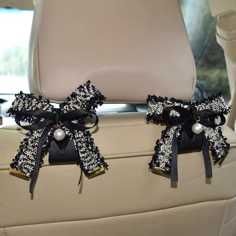 Tweed Bow and pearl Elegant Car Seat Hooks Hanger (2pcs)