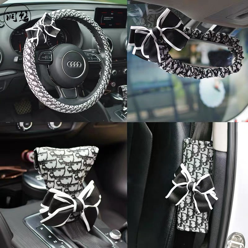 Luxury Black and White Cotton Steering wheel cover with a bow