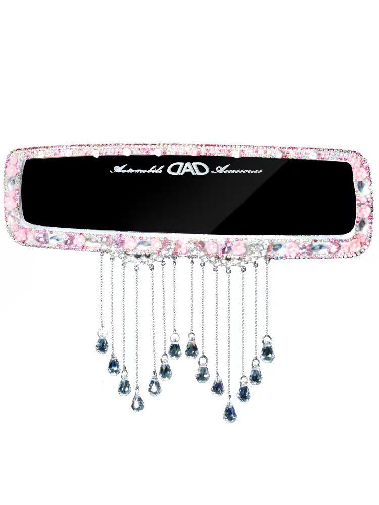 Pink Bling Car Rear View Mirror Cover with Crystal Tassels Pendant and Rhinestones Clip-on Chrome - Carsoda