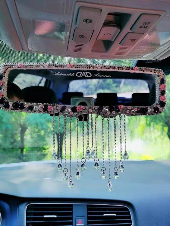 Bling Car Rear View Mirror Multicolor Rhinestone Crystal Clip-on Chrome with Crystal Pendant - Carsoda