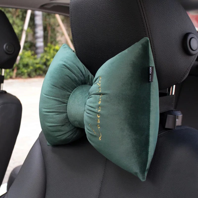 Silky Velvet Bow shaped Car Seat Headrest Pillow - Emerald, Teal, Coral, Red, Silver