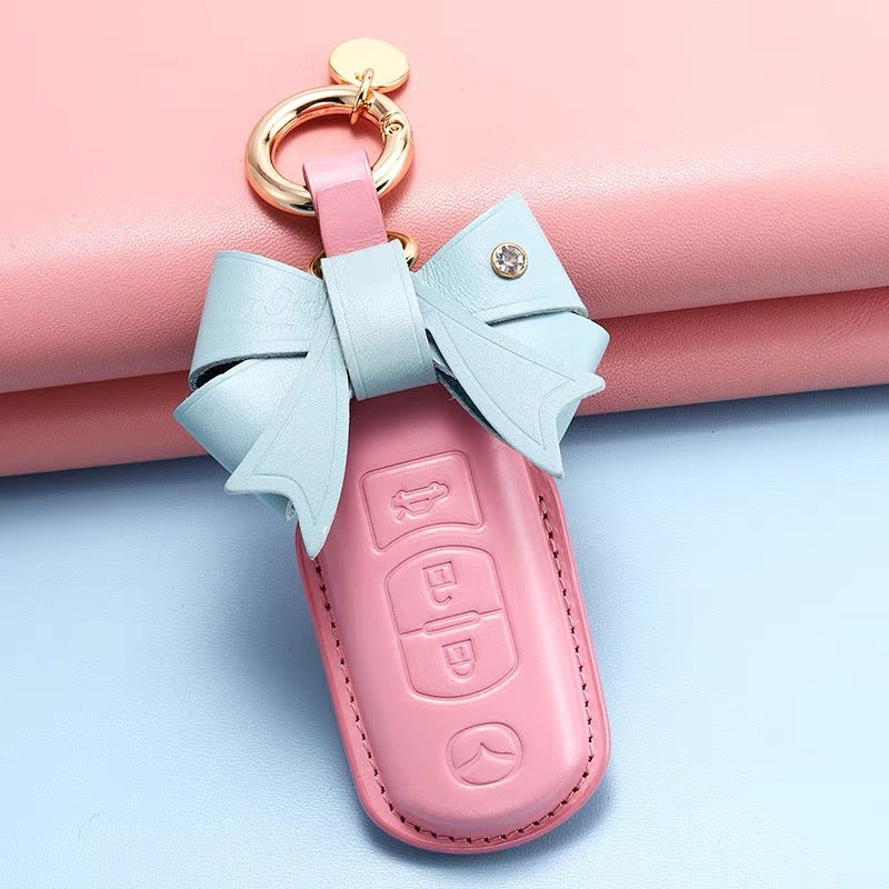 Leather Car Key Fob Holder Cover and Bow for Mazda