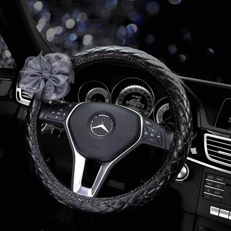 Black Leather Steering wheel cover with Lace Flower