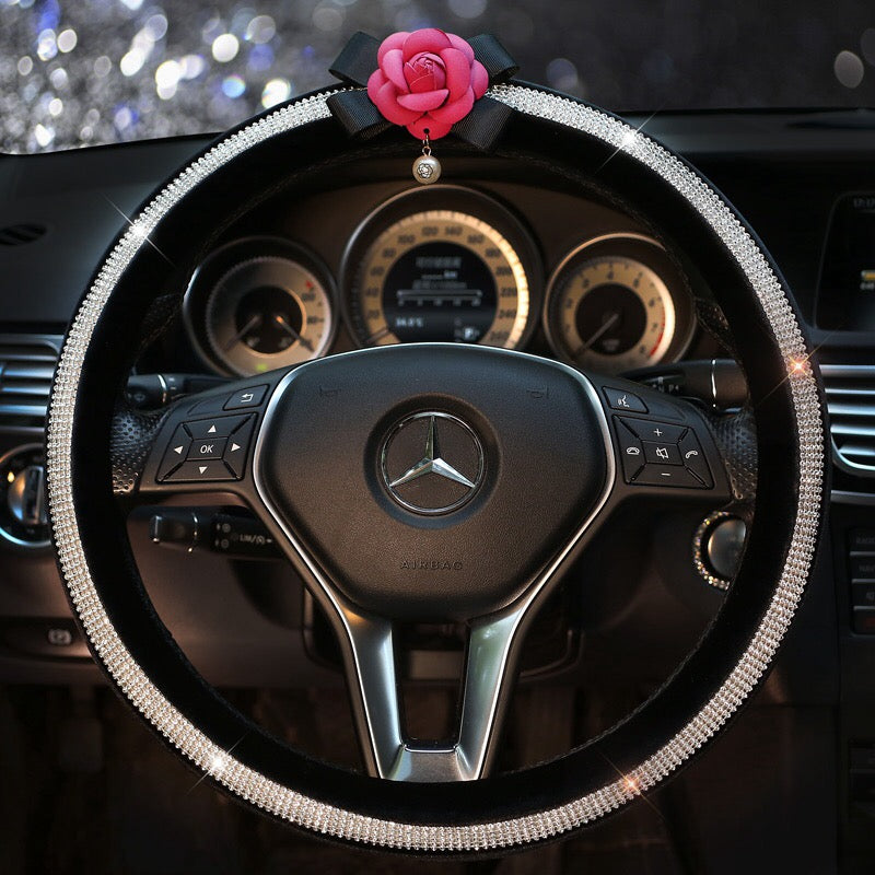 Bling Rhinestones Decorated Leather Steering wheel cover with Camellia