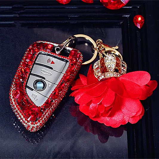 Bling Car Key Holder with Rhinestones for New BMW X5 X1 X6 525 530 730 740 Series - Red/Green