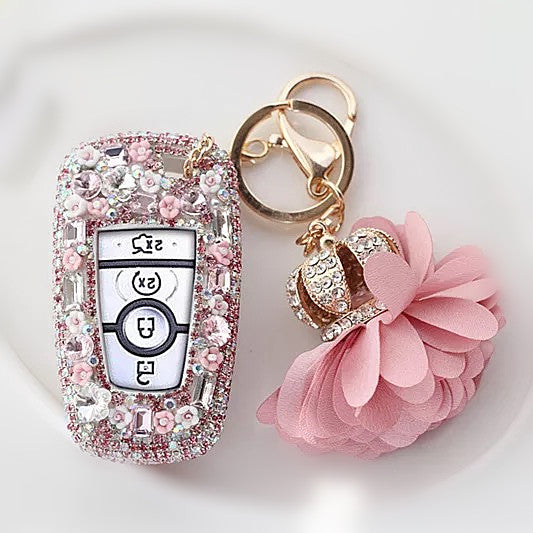 Ford Floral Bling Car Key FOB Holder with Rhinestones - Pink/Purple