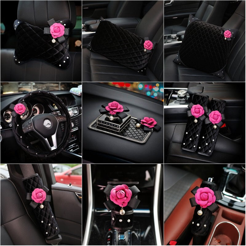 Black Velvet w/Pink Camellia Car Accessories - Steering wheel Cover, Seat  Belt Cover, Hand Brake, Gear Shift Cover, Pillow, Cushion