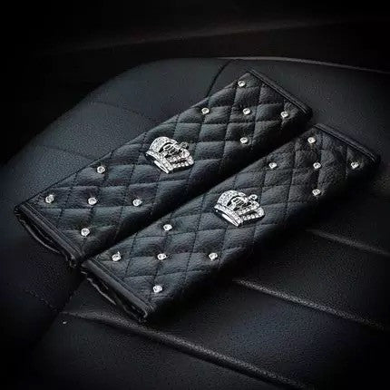 Black Leather Seat Belt Cover with Bling Crown (2x)