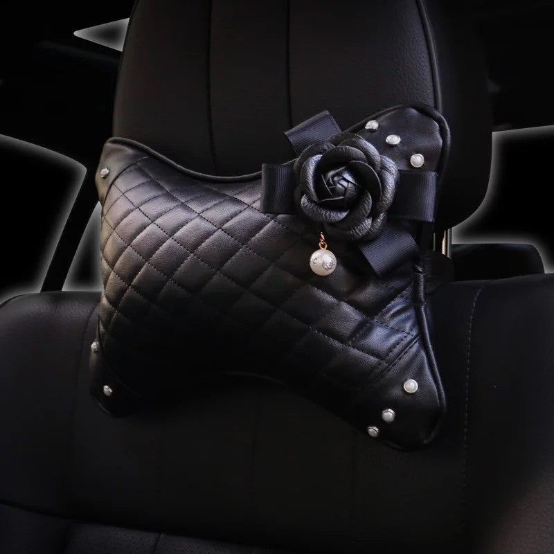 Bone Shaped Car Leather Headrest Pillow with Black Camellia