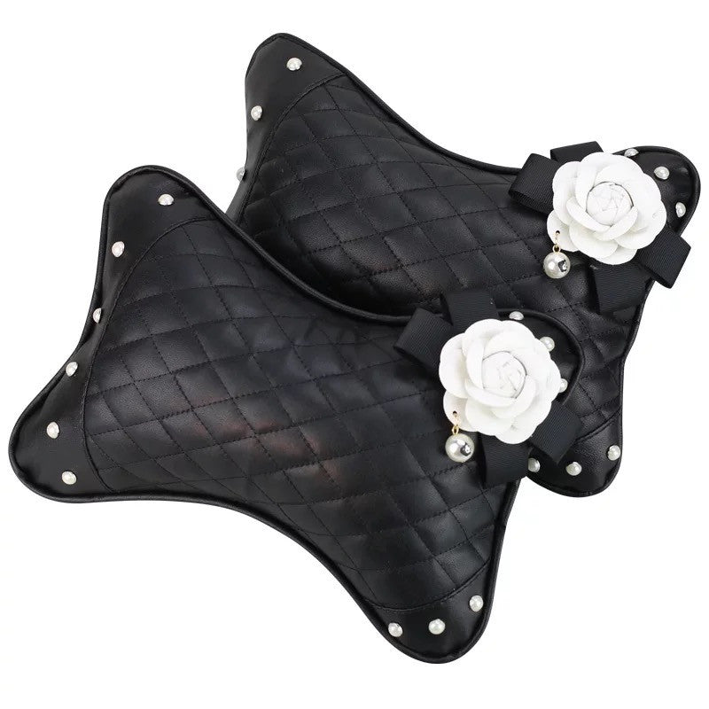 Bone Shaped Car Headrest Pillow with White Camellia - Carsoda