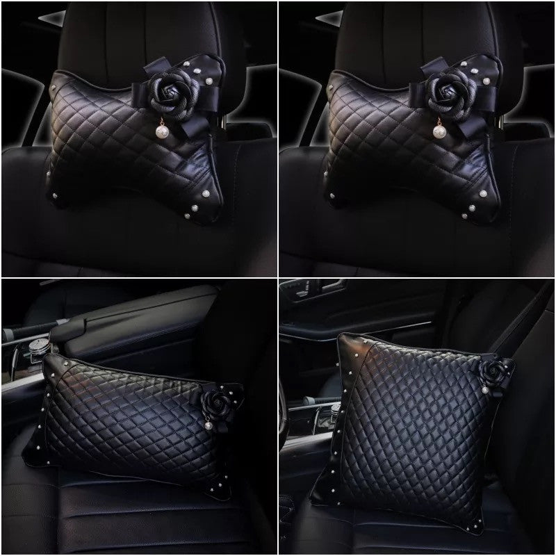 Bone Shaped Car Leather Headrest Pillow with Black Camellia