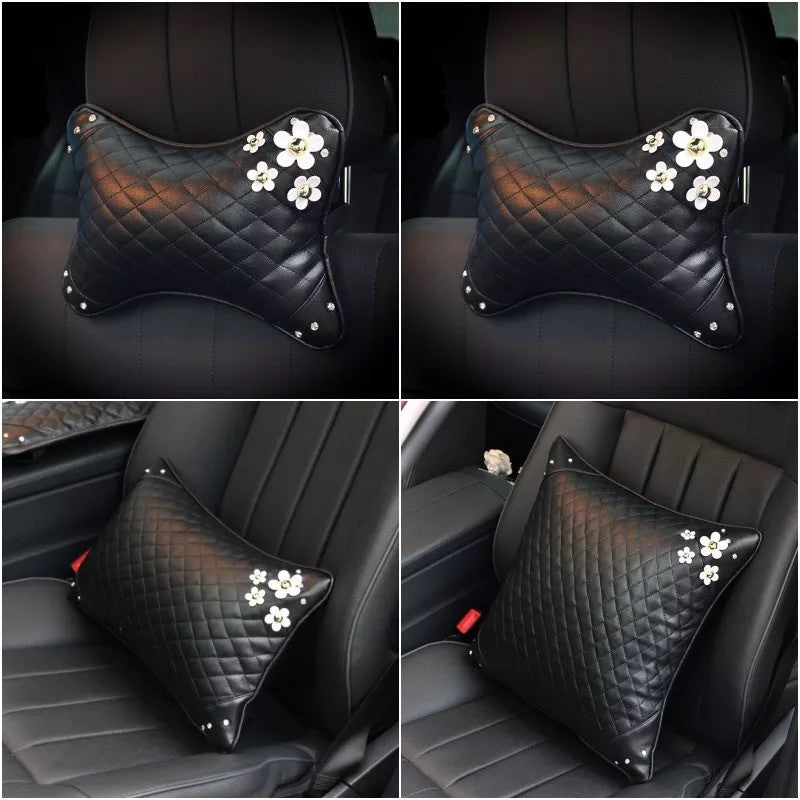 Vegan Leather Bone Shaped Car Cushion Headrest Pillow with Daisy