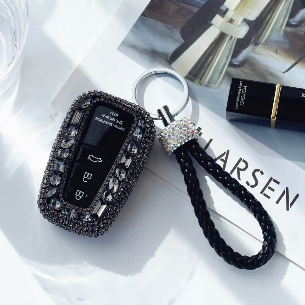 Cream Car Key fob Holder Cover and Bedazzled Keychain with Rhinestones –  Carsoda