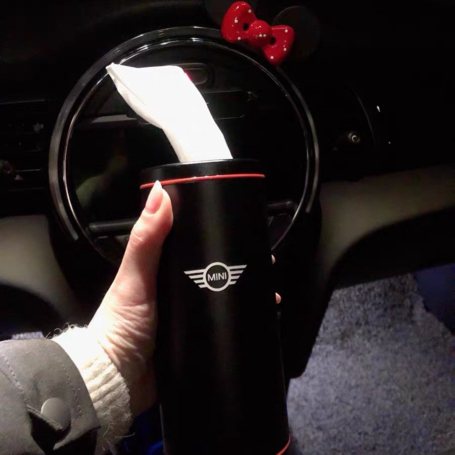 Mini Cooper Metal Alloy Tissue Holder Box placed in the water bottle holder