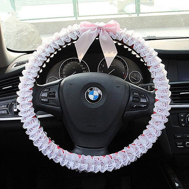 Red and white checker Steering wheel cover with Lace Ruffles and bow