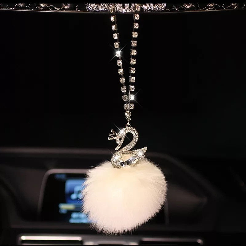 Bling Rearview Mirror Hanging Charm-Crystal Swan with POM POM