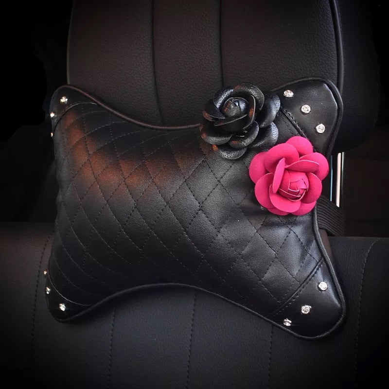 GiveMOJO Bone Shaped Car Headrest Pillow with Pink and Black Camellia