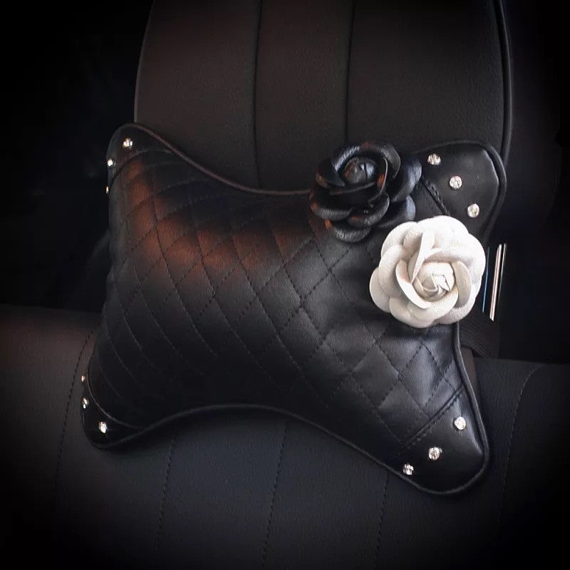 Bone Shaped Car Headrest Pillow with Black and White Camellias