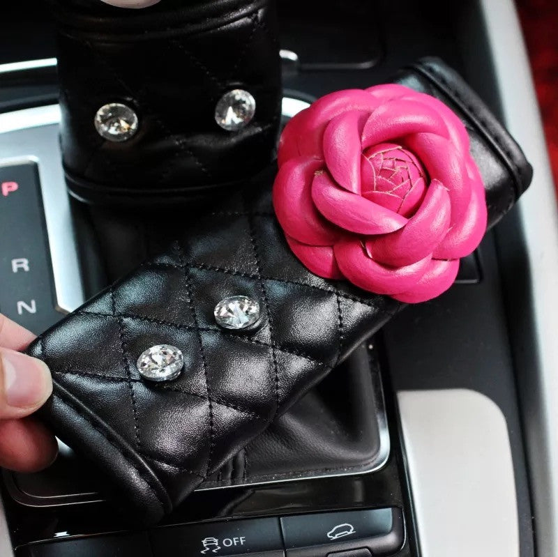 Black Leather Hand Brake & Gear Shift Cover 2-pieces-Set with Pink Camellia