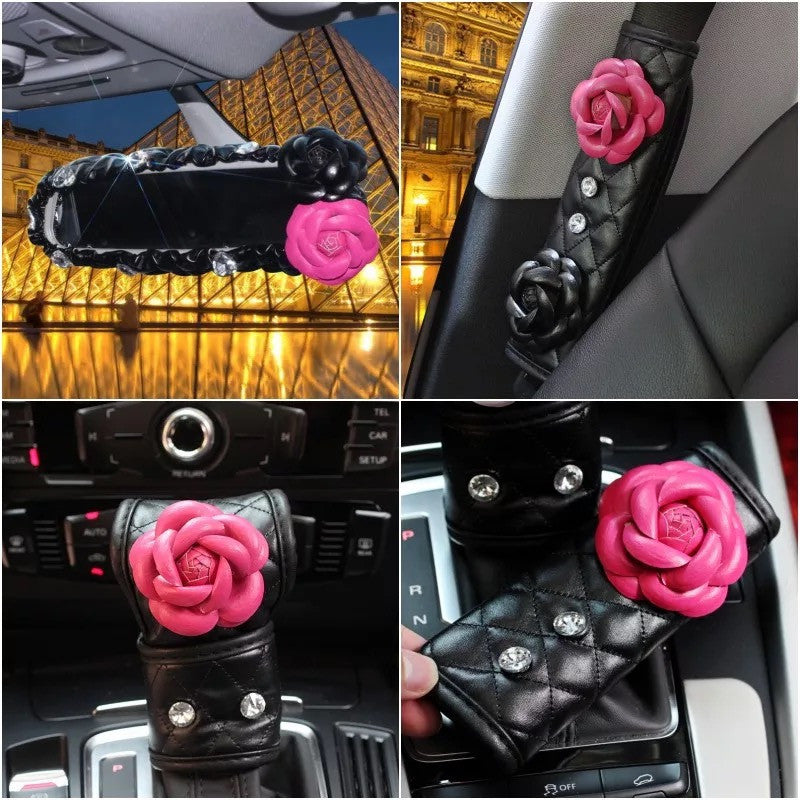 Black Leather Hand Brake & Gear Shift Cover 2-pieces-Set with Pink Camellia