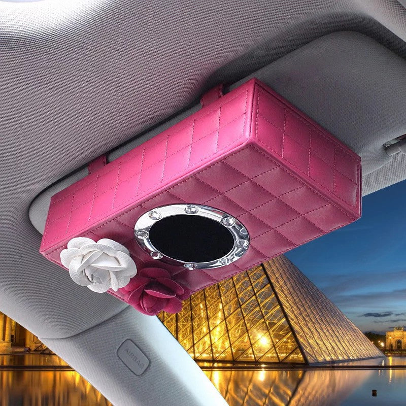 Hot Pink Tissue Box with Pink and White Camellia for Car Sun Visor Organizer