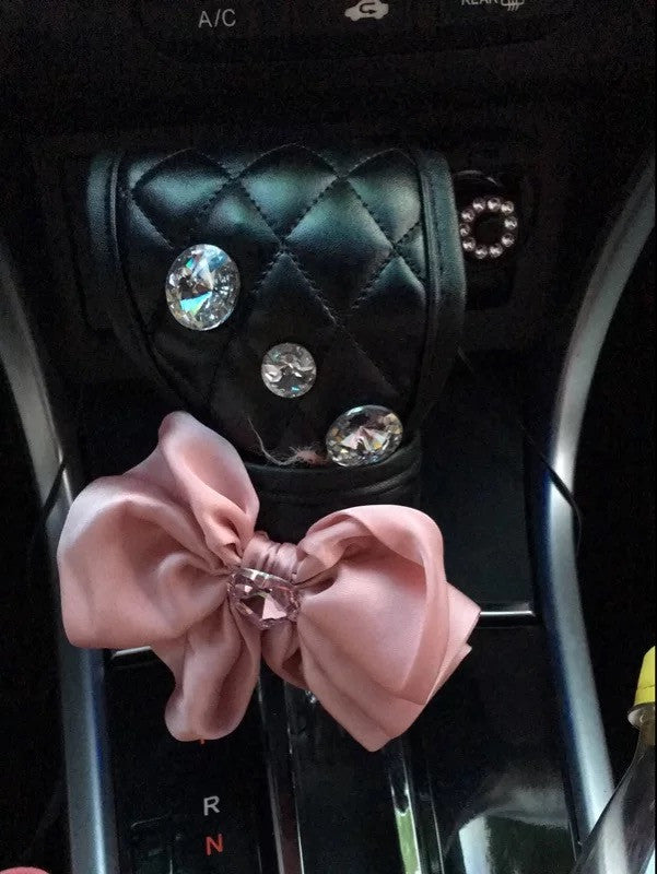 Black Vegan Leather Hand Brake & Gear Shift Cover 2-pieces-Set with Rhinestone and Pink Flowers