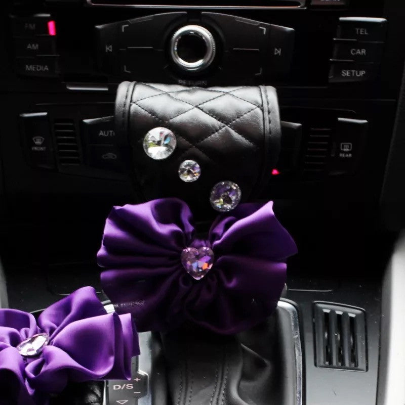 Black Vegan Leather Hand Brake & Gear Shift Cover 2-pieces-Set with Rhinestones and Purple Flower