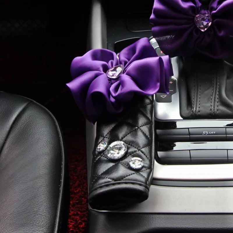 Black Vegan Leather Hand Brake & Gear Shift Cover 2-pieces-Set with Rhinestones and Purple Flower