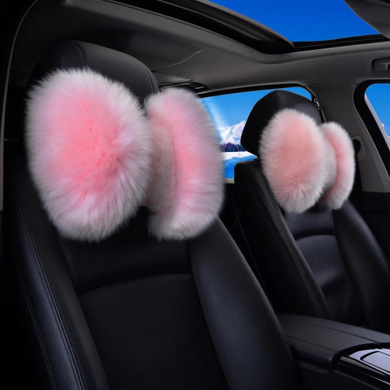 Genuine Sheepskin Fur  Bow Shaped Warming Car Seat Headrest Pillow (2 pcs)