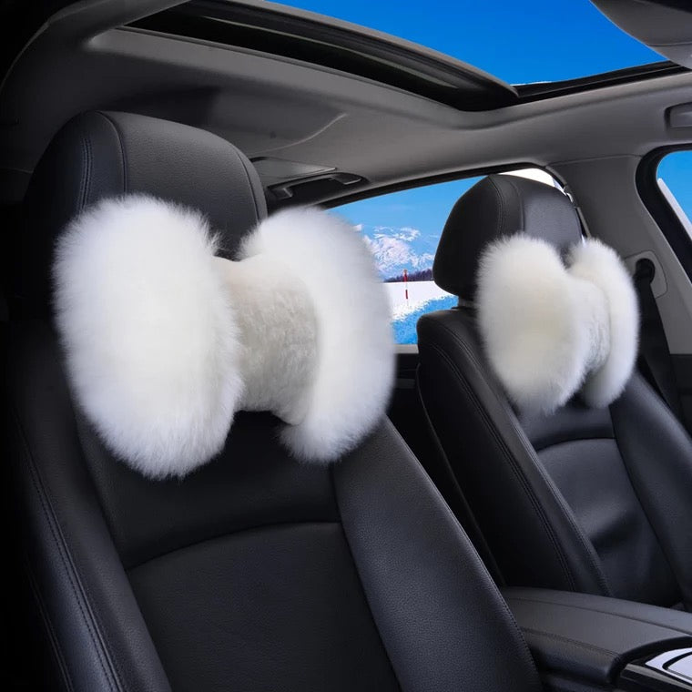 Genuine Sheepskin Fur  Bow Shaped Warming Car Seat Headrest Pillow (2 pcs)