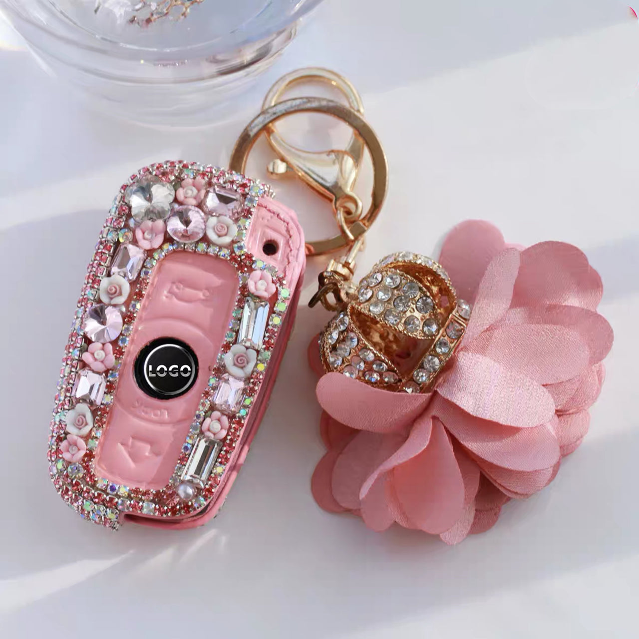 Bling Car Key Holder with Rhinestones and flowers for BMW x1 320 x5 z4 530 etc