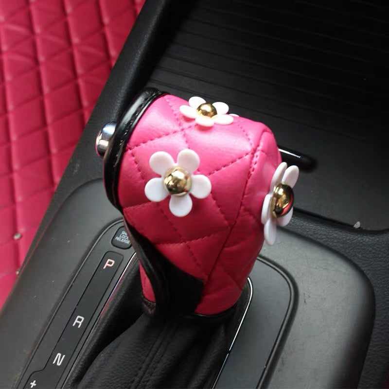 Hot Pink Vegan Leather Hand Brake & Gear Shift Cover with Daisy 2-pieces-Set