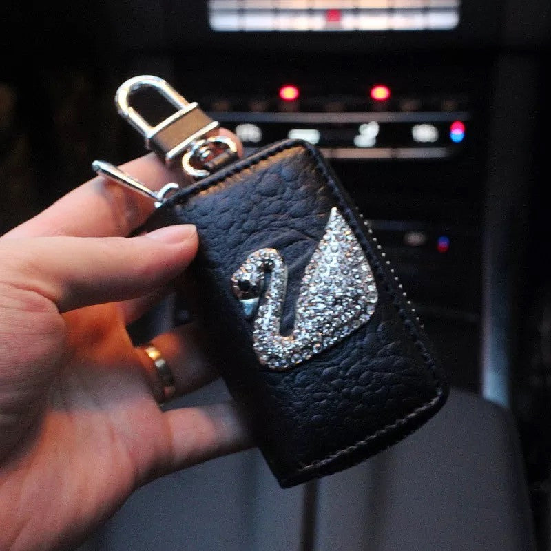 Leather Car Key Case with Bling Swan